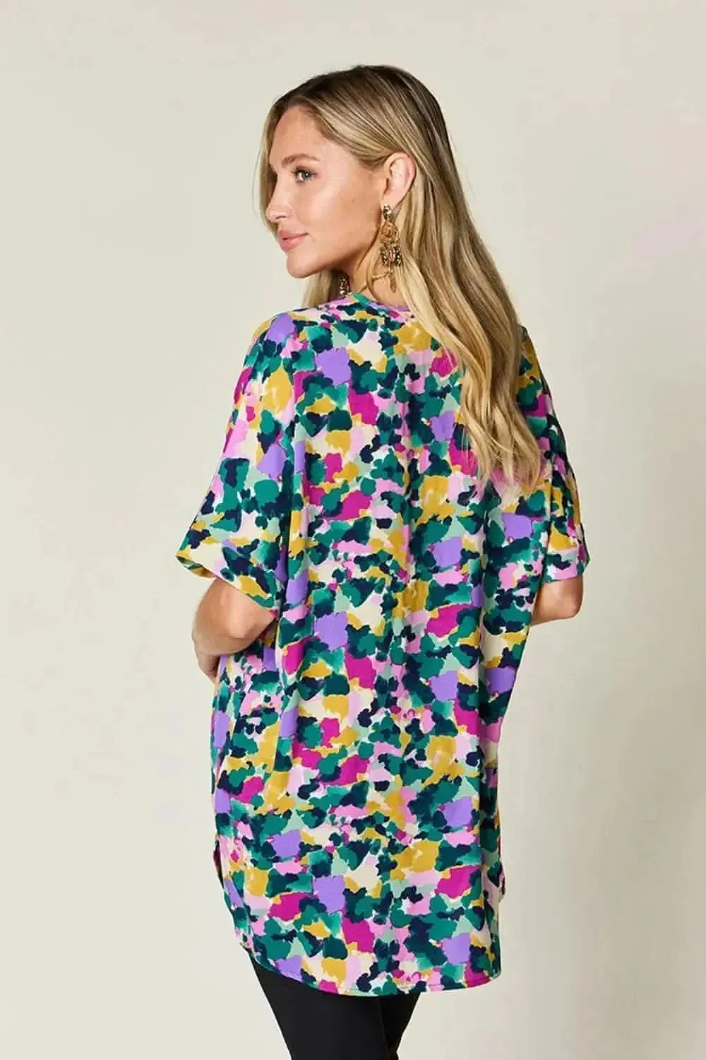 Double Take Full Size Printed V-Neck Short Sleeve Side Slit Top - Bad Moms Club