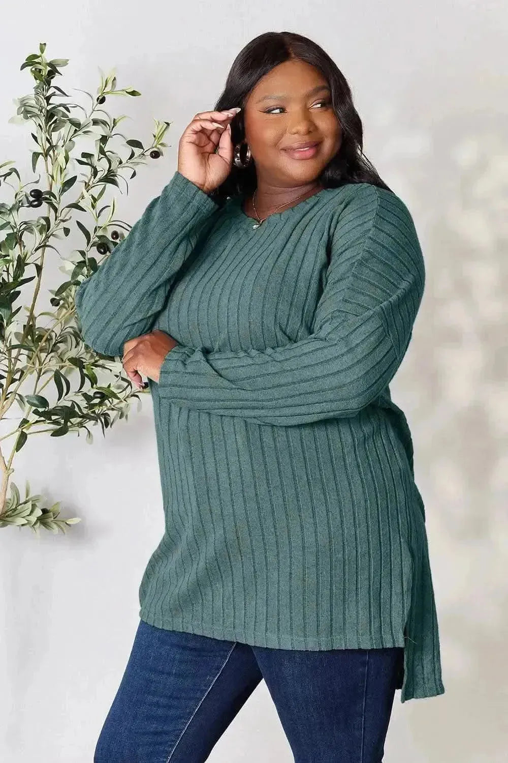 Basic Bae Full Size Ribbed Round Neck Long Sleeve Slit Top - Bad Moms Club