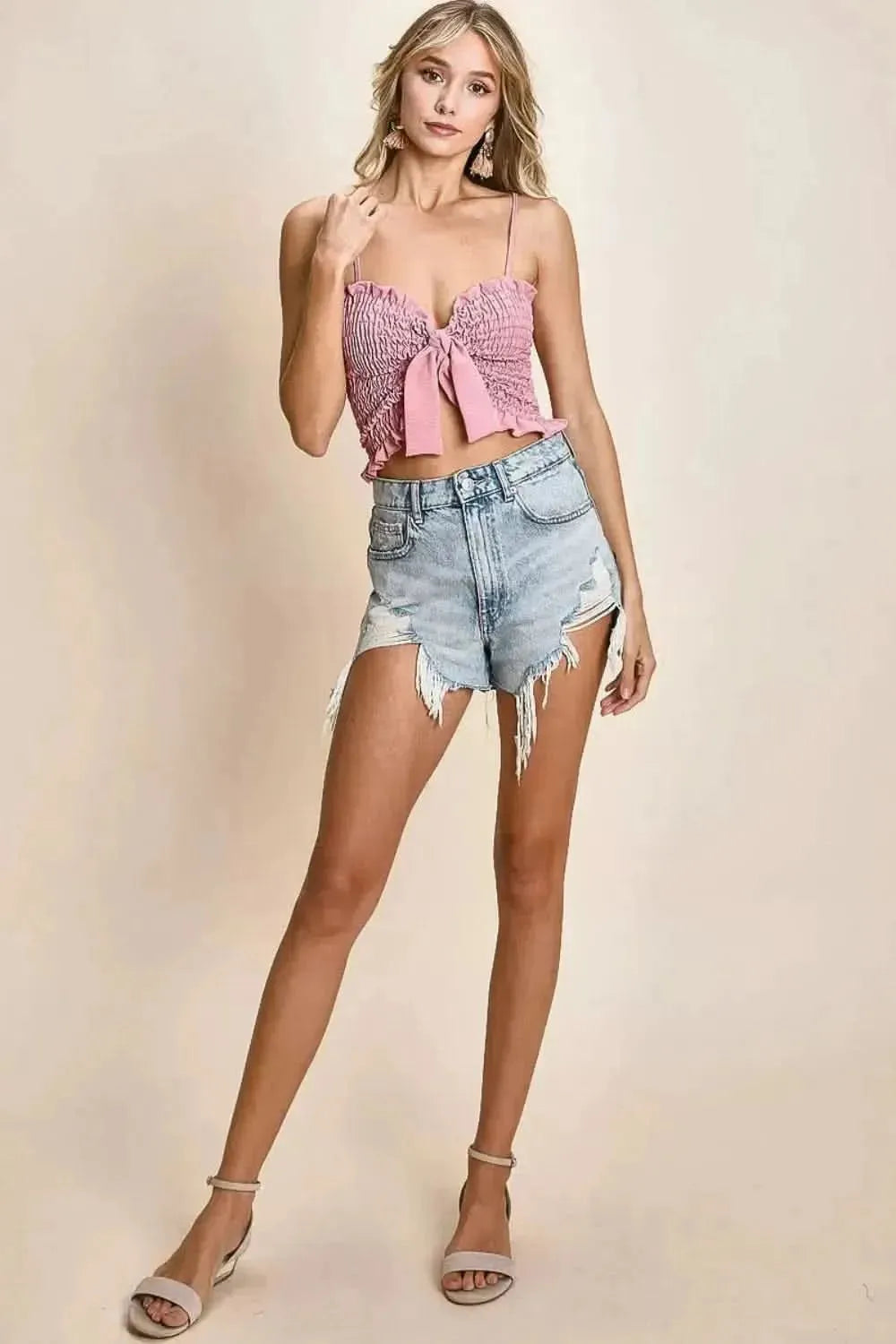 BiBi Ruffled Smocked Ribbon Detail Cami - Bad Moms Club