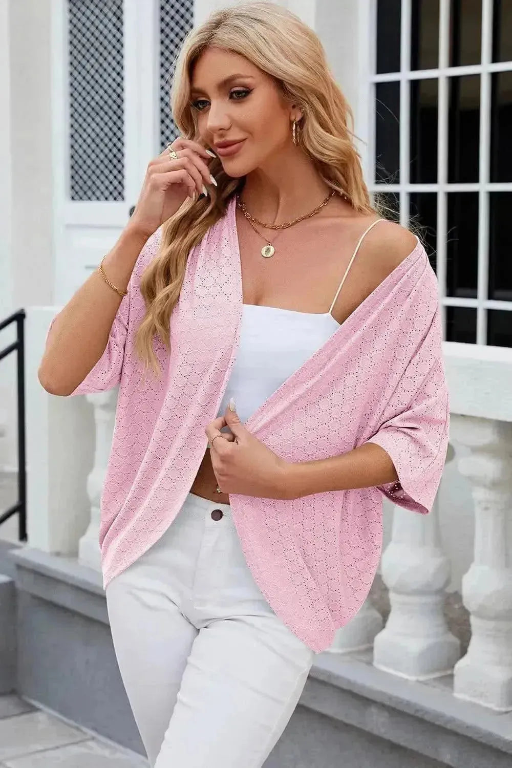Eyelet Open Front Half Sleeve Cardigan - Bad Moms Club