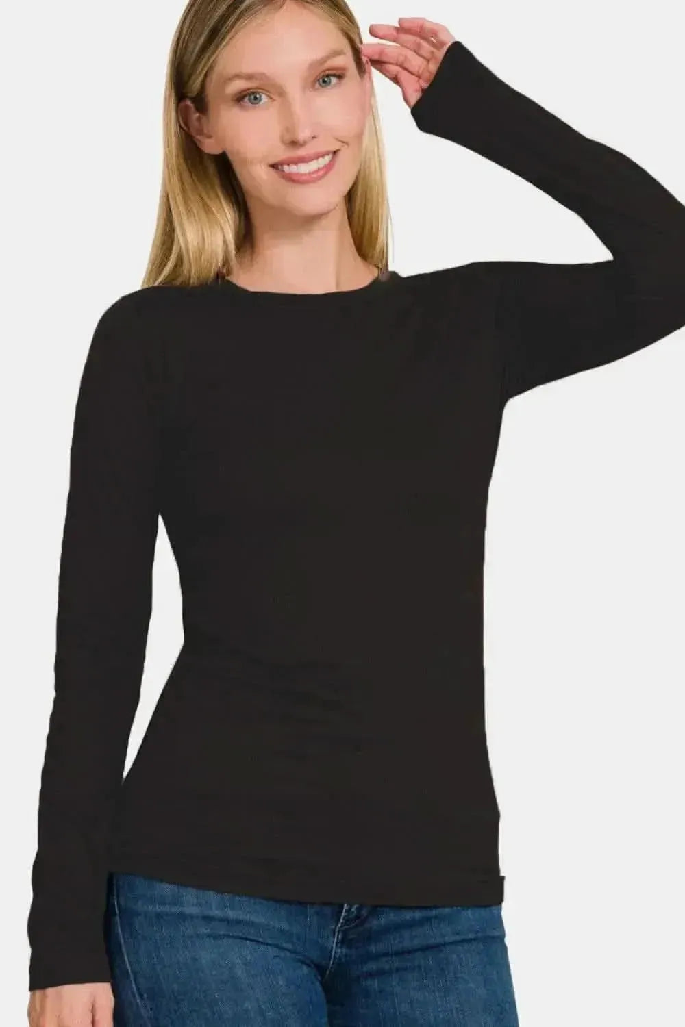 Zenana Ful Size Brushed Microfiber Long Sleeve Round Neck T-Shirt - Bad Moms Club