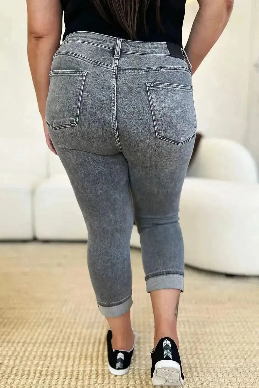 Judy Blue Full Size Button Fly High Waist Cuffed Capris - Bad Moms Club