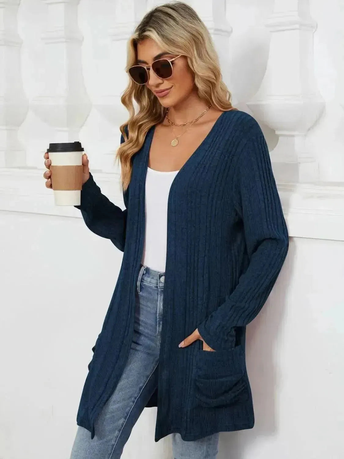 Pocketed Open Front Long Sleeve Cardigan - Bad Moms Club