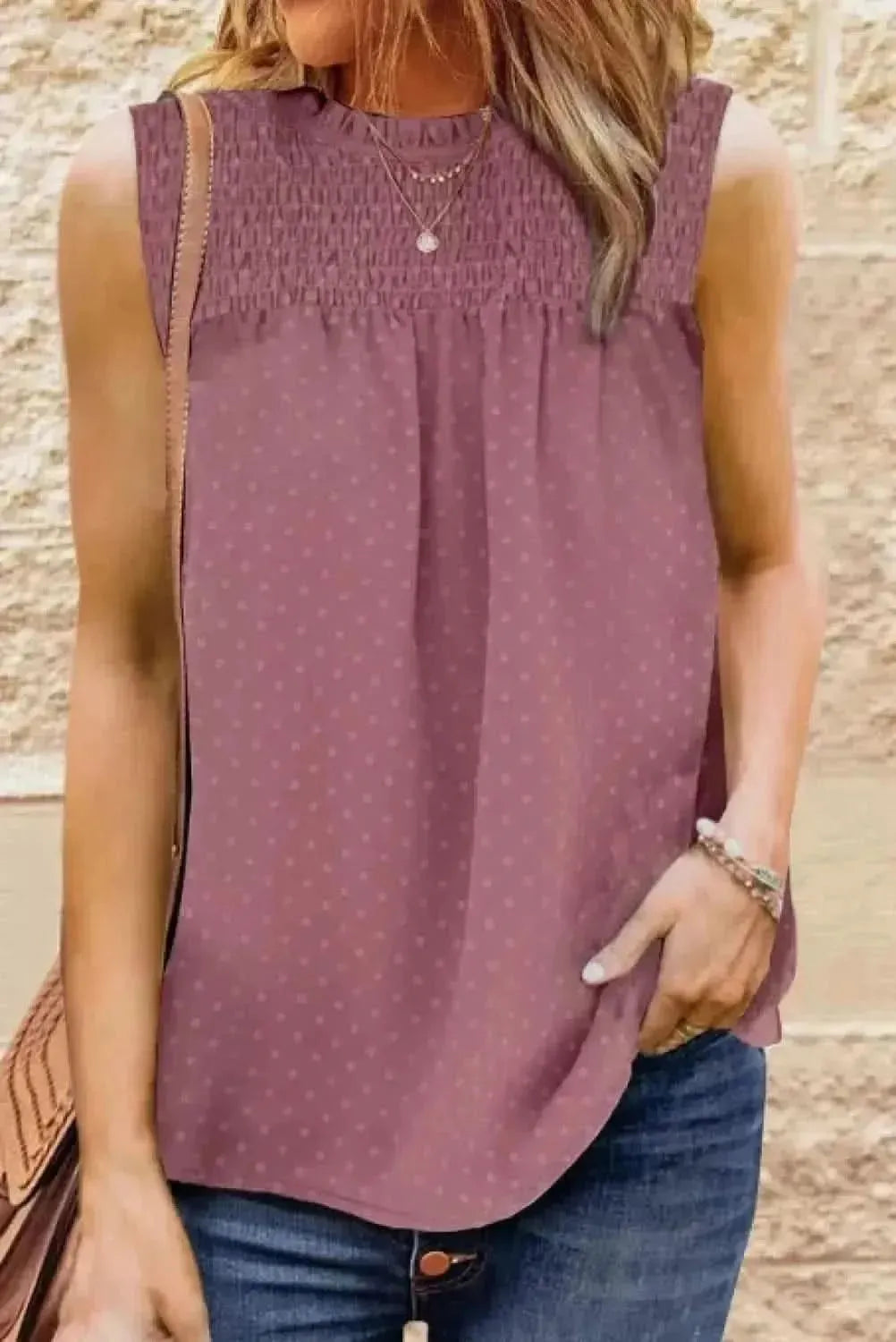 Smocked Tie Back Frill Trim Tank - Bad Moms Club