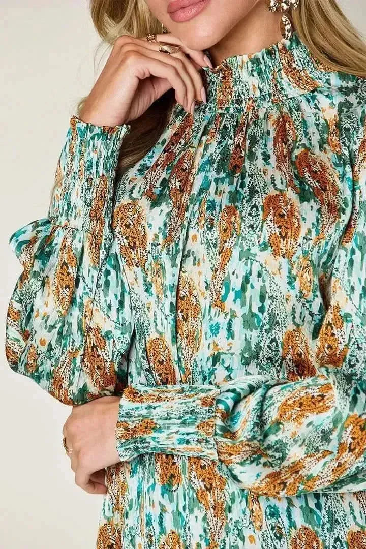 Double Take Full Size Printed Smocked Long Sleeve Blouse - Bad Moms Club