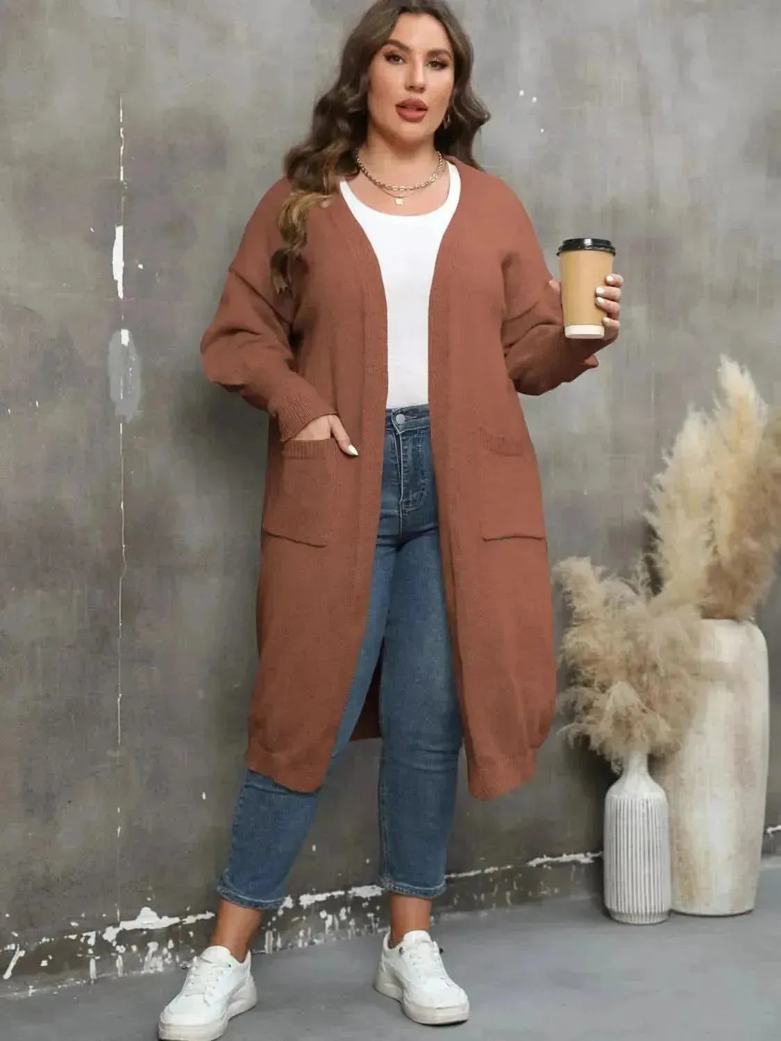 Plus Size Long Sleeve Pocketed Cardigan - Bad Moms Club