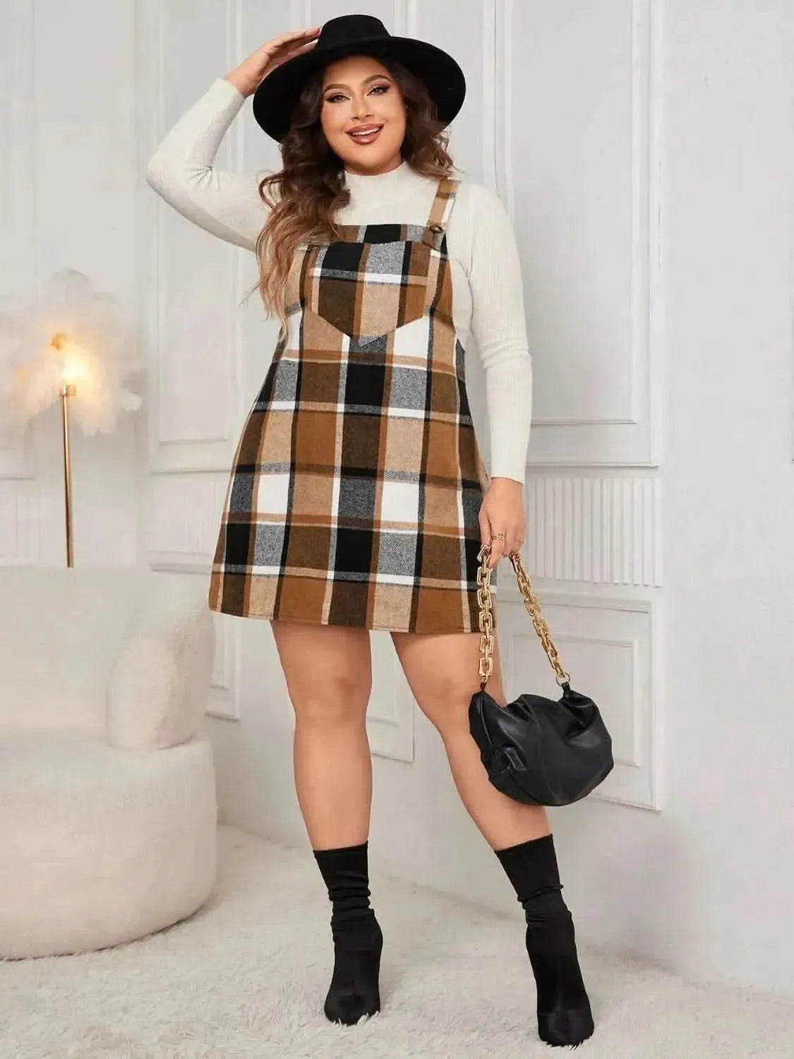 Honey Plus Size Plaid Wide Strap Overall Dress - Bad Moms Club