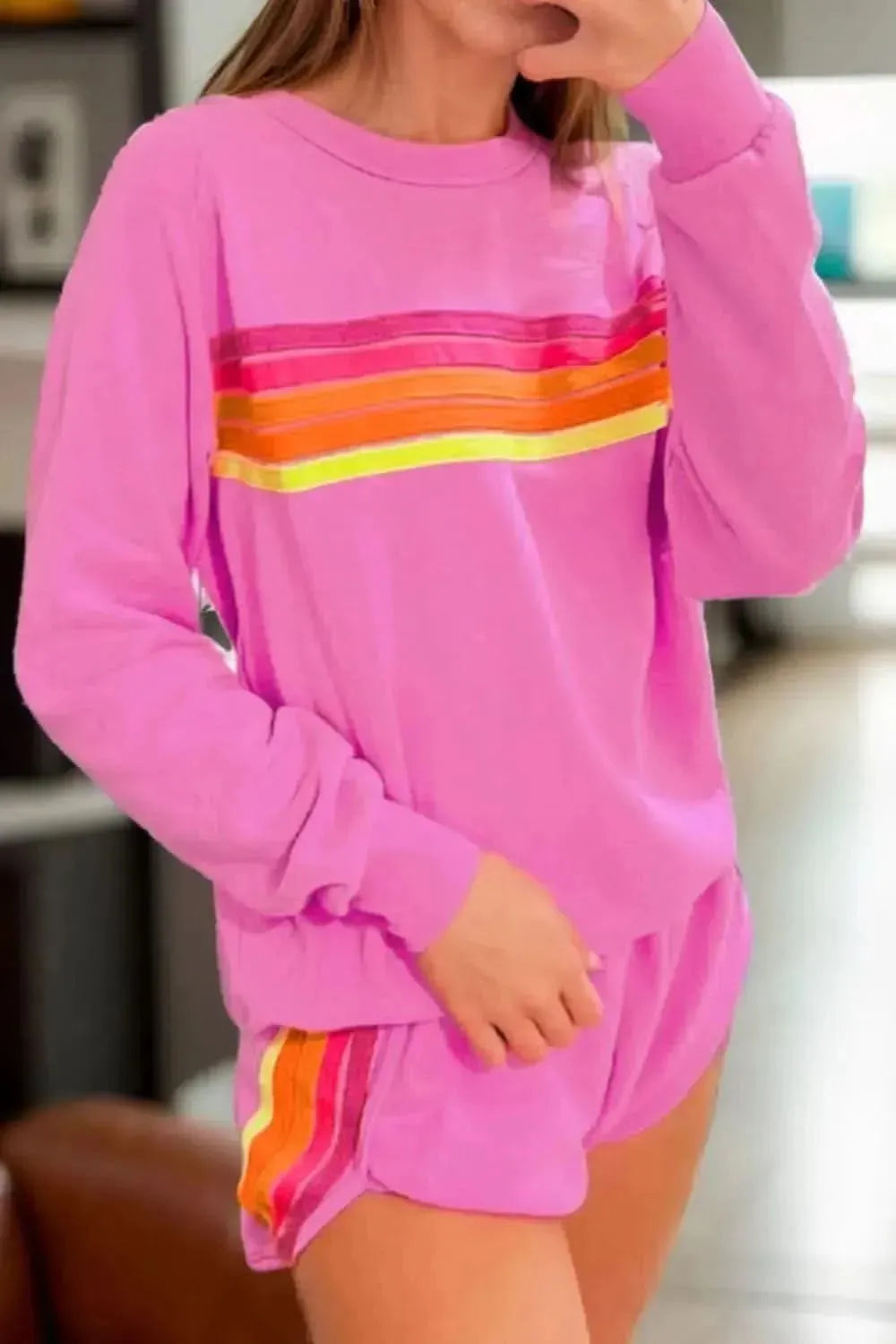 Full Size Contrast Striped Round Neck Top and Shorts Set - Bad Moms Club