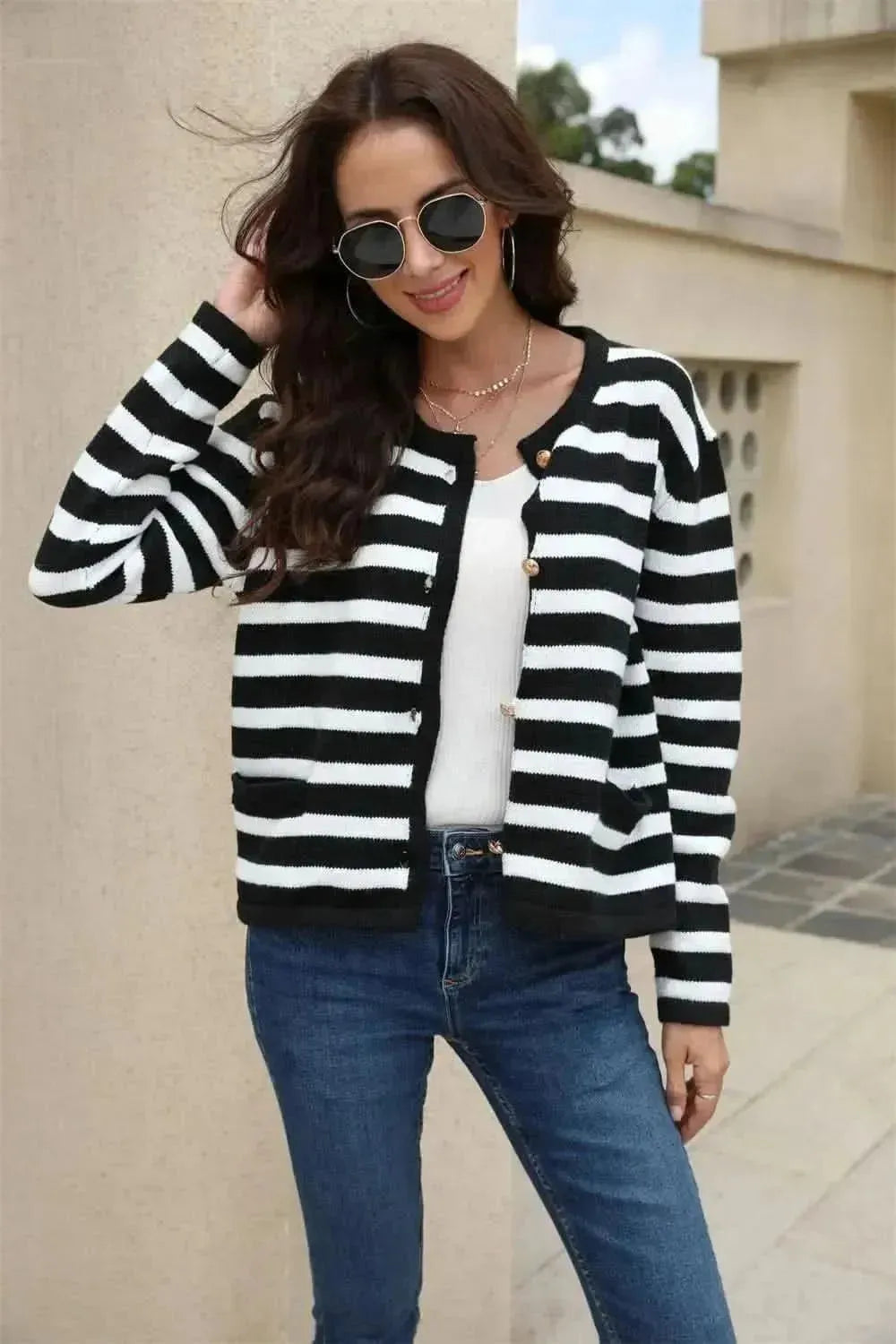 Striped Round Neck Button-Down Dropped Shoulder Cardigan - Bad Moms Club
