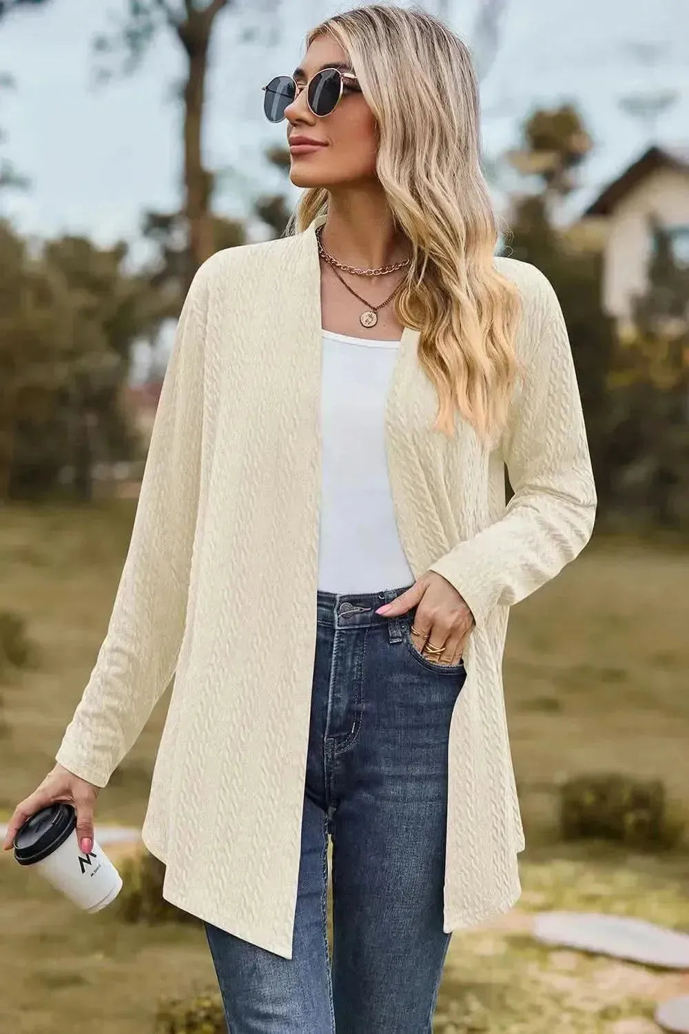 Textured Open Front Long Sleeve Cardigan - Bad Moms Club