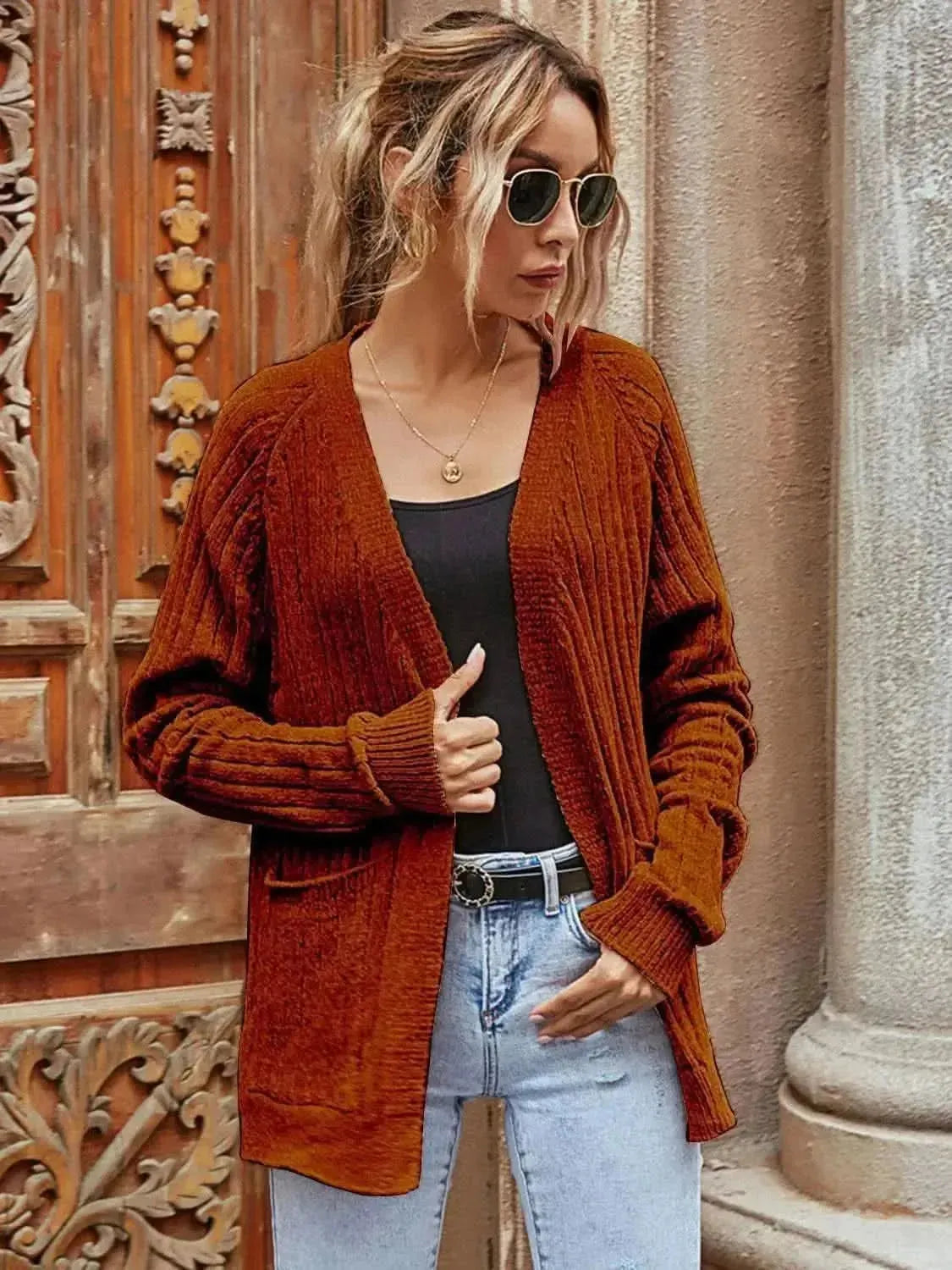 Ribbed Open Front Long Sleeve Cardigan - Bad Moms Club
