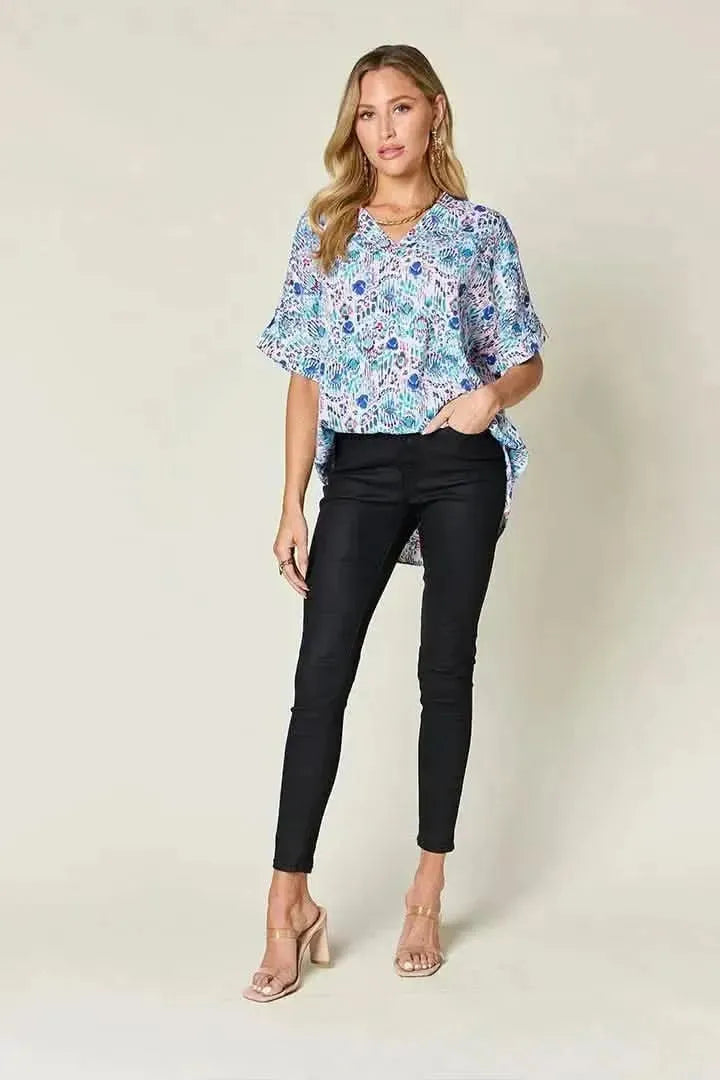 Double Take Full Size Printed V-Neck Short Sleeve Blouse - Bad Moms Club