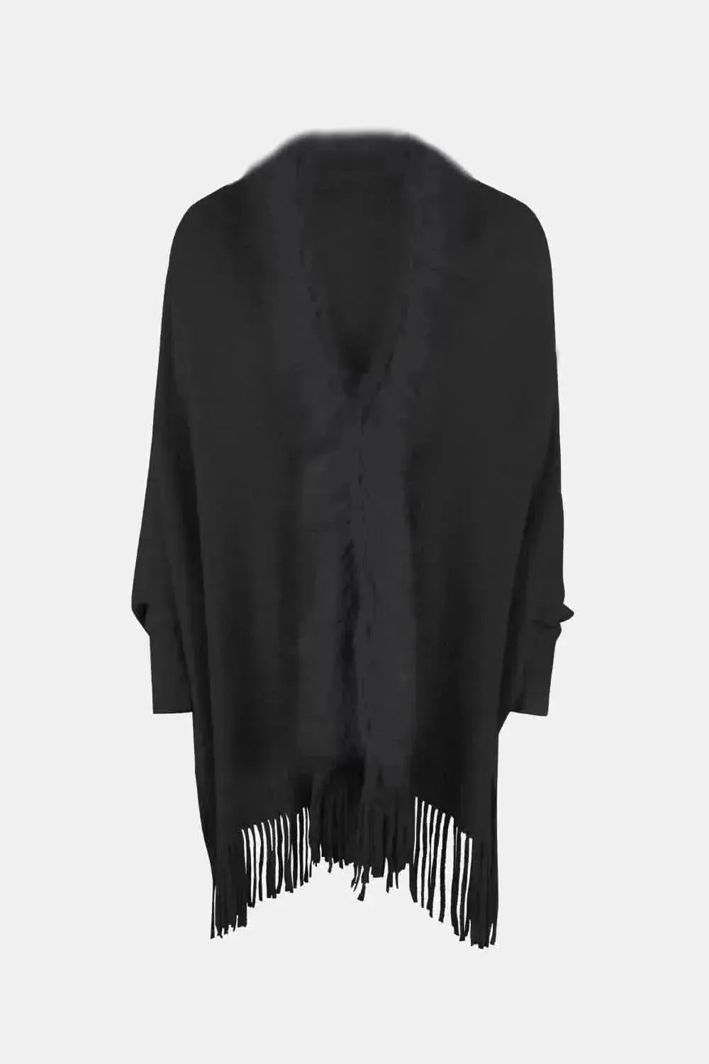 Fringe Open Front Long Sleeve Poncho - Bad Moms Club