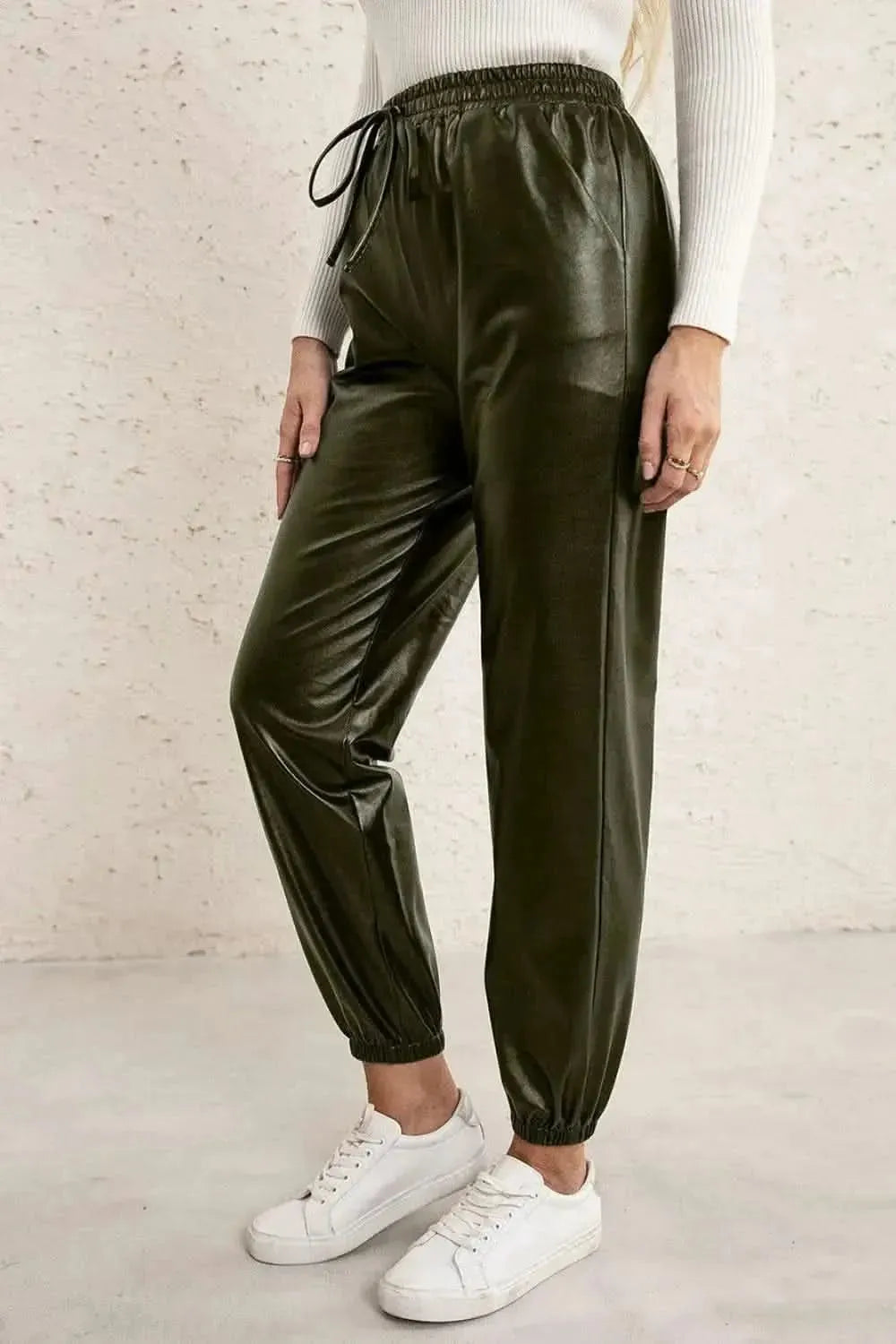 Ivy Lane Elastic Waist PU Leather Joggers - Bad Moms Club