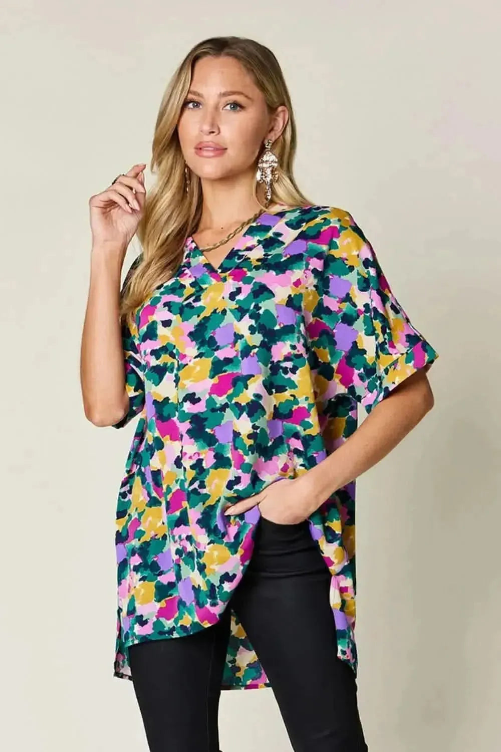 Double Take Full Size Printed V-Neck Short Sleeve Side Slit Top - Bad Moms Club