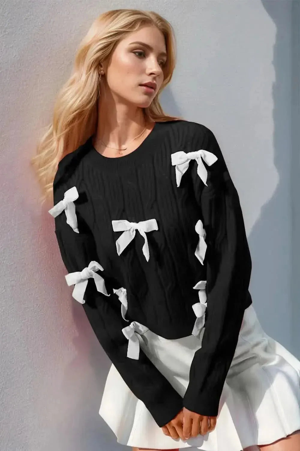 Double Take Full Size Bow Cable-Knit Round Neck Sweater - Bad Moms Club