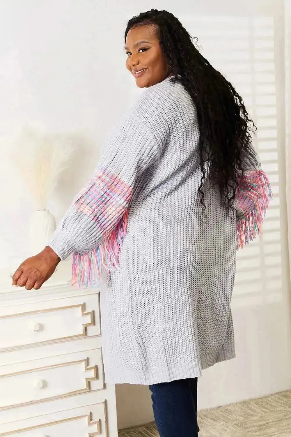 Woven Right Fringe Sleeve Dropped Shoulder Cardigan - Bad Moms Club