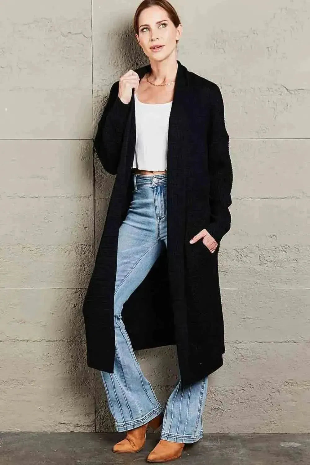 Waffle Knit Open Front Duster Cardigan With Pockets - Bad Moms Club