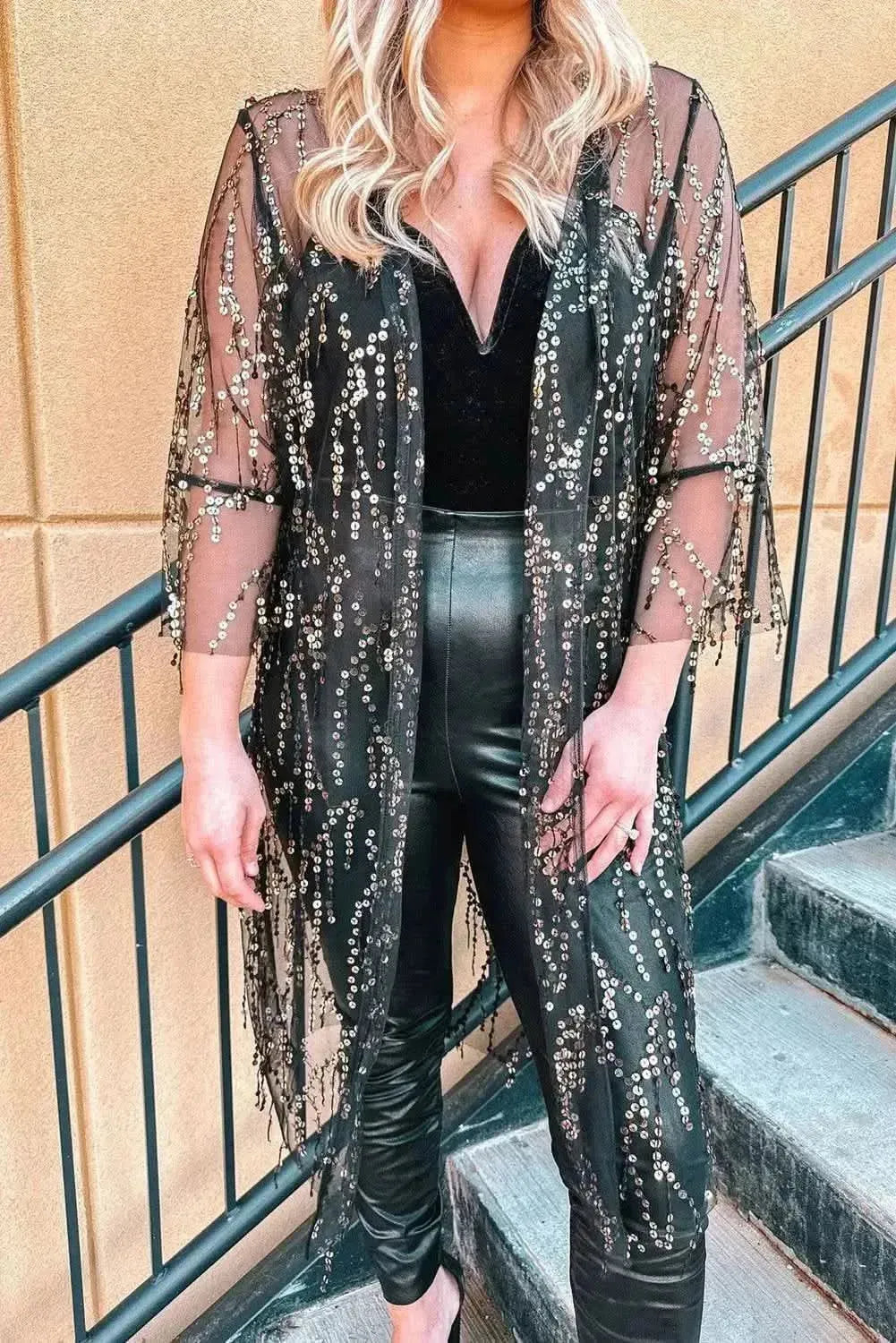 Sequin Open Front Sheer Cardigan - Bad Moms Club