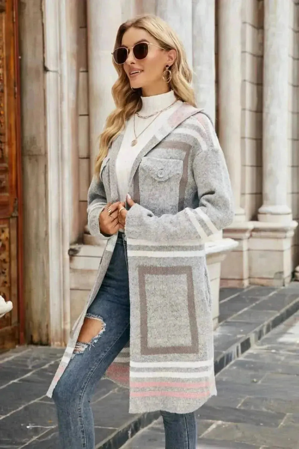 Printed Open Front Hooded Longline Cardigan - Bad Moms Club