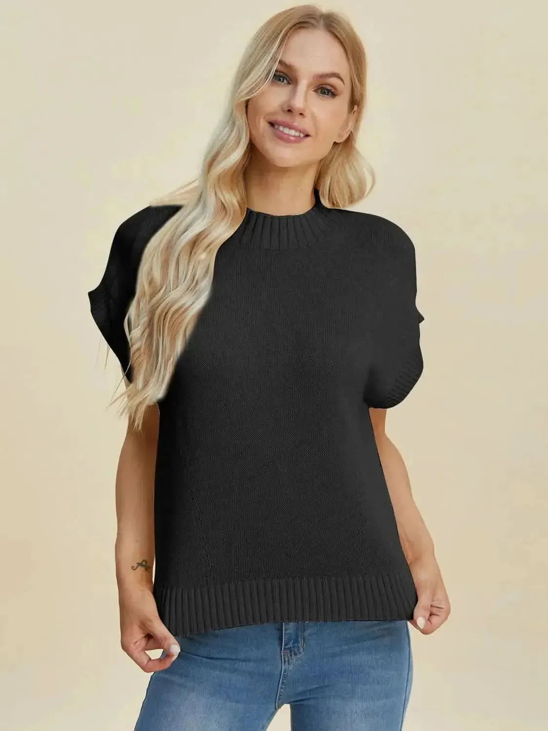 Double Take Full Size Mock Neck Short Sleeve Sweater - Bad Moms Club