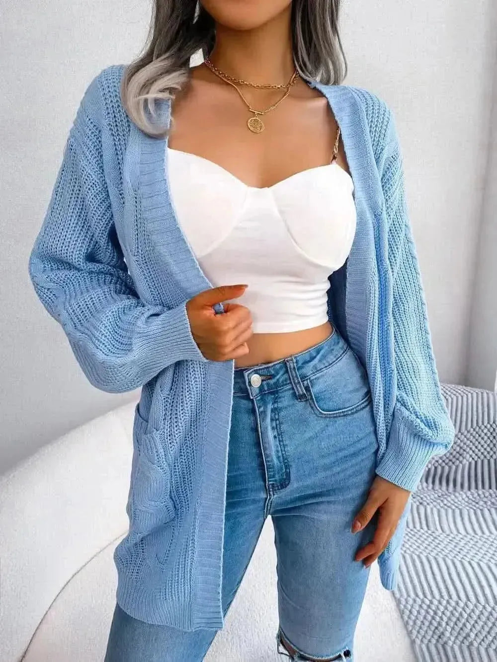 Cable-Knit Open Front Pocketed Cardigan - Bad Moms Club