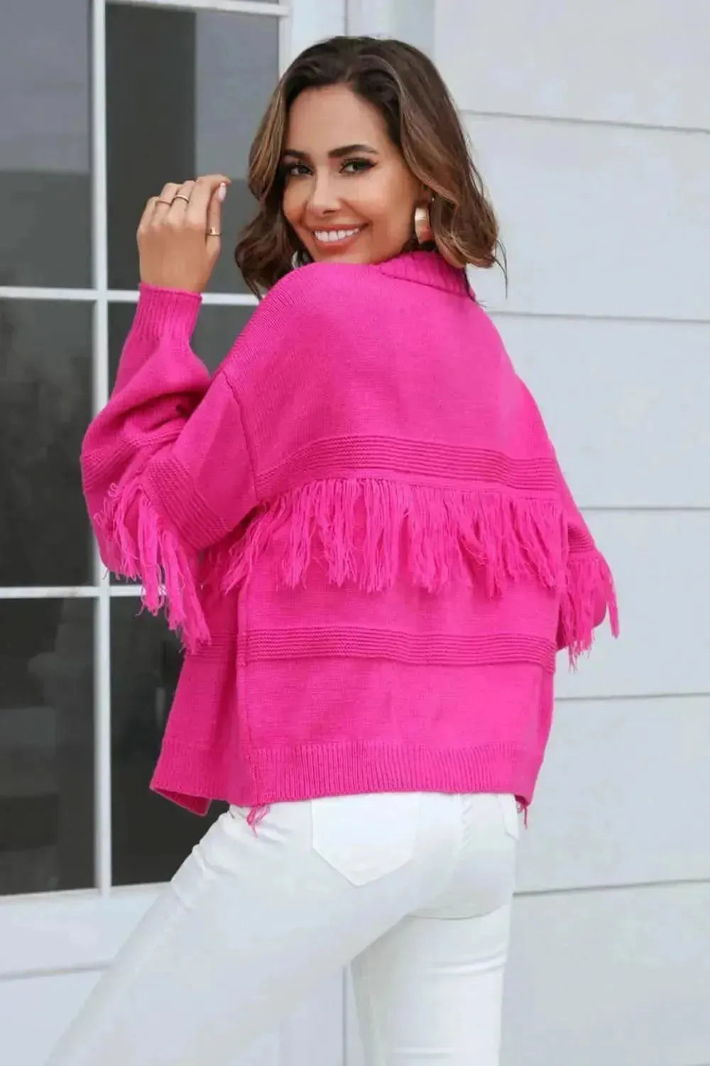 Fringe Trim Open Front Cardigan - Bad Moms Club
