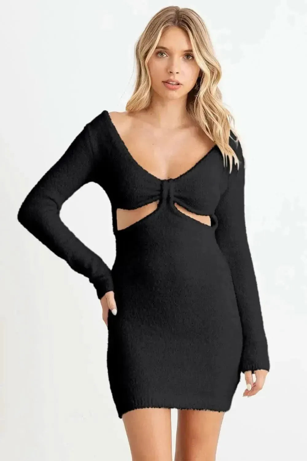 HERA COLLECTION Fluffy Bow Cut-Out Detail Long Sleeve Mini Dress - Bad Moms Club