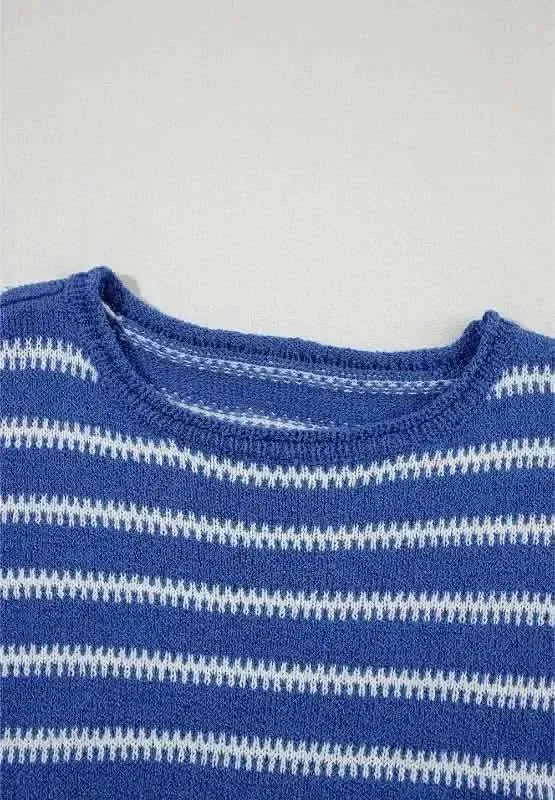 Striped Round Neck Dropped Shoulder Sweater - Bad Moms Club