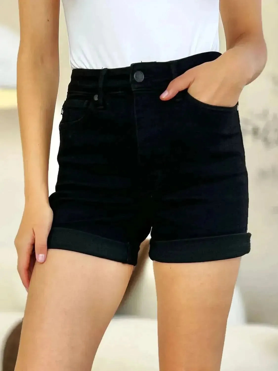 Judy Blue Full Size High Waist Tummy Control Cuffed Denim Shorts - Bad Moms Club