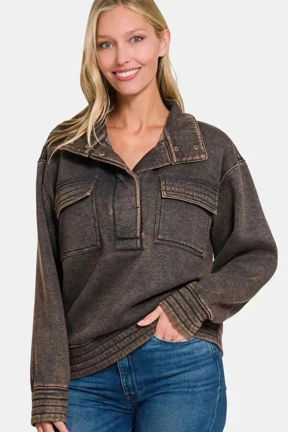 Zenana Acid Washed Half Snap Fleece Sweatshirt - Bad Moms Club