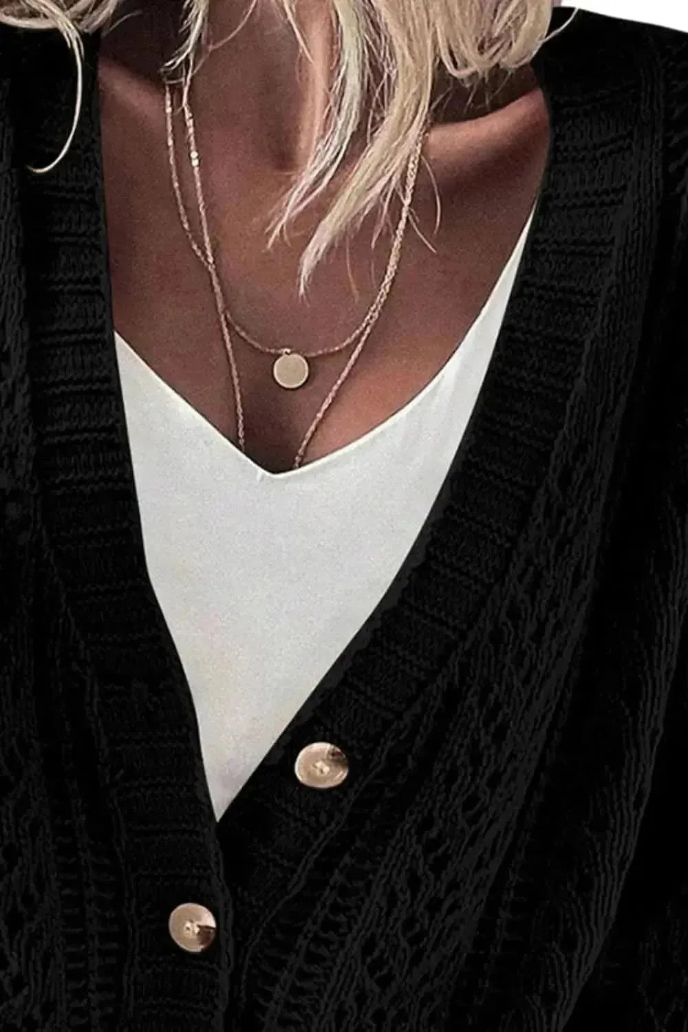 Openwork Button Up Long Sleeve Cardigan - Bad Moms Club