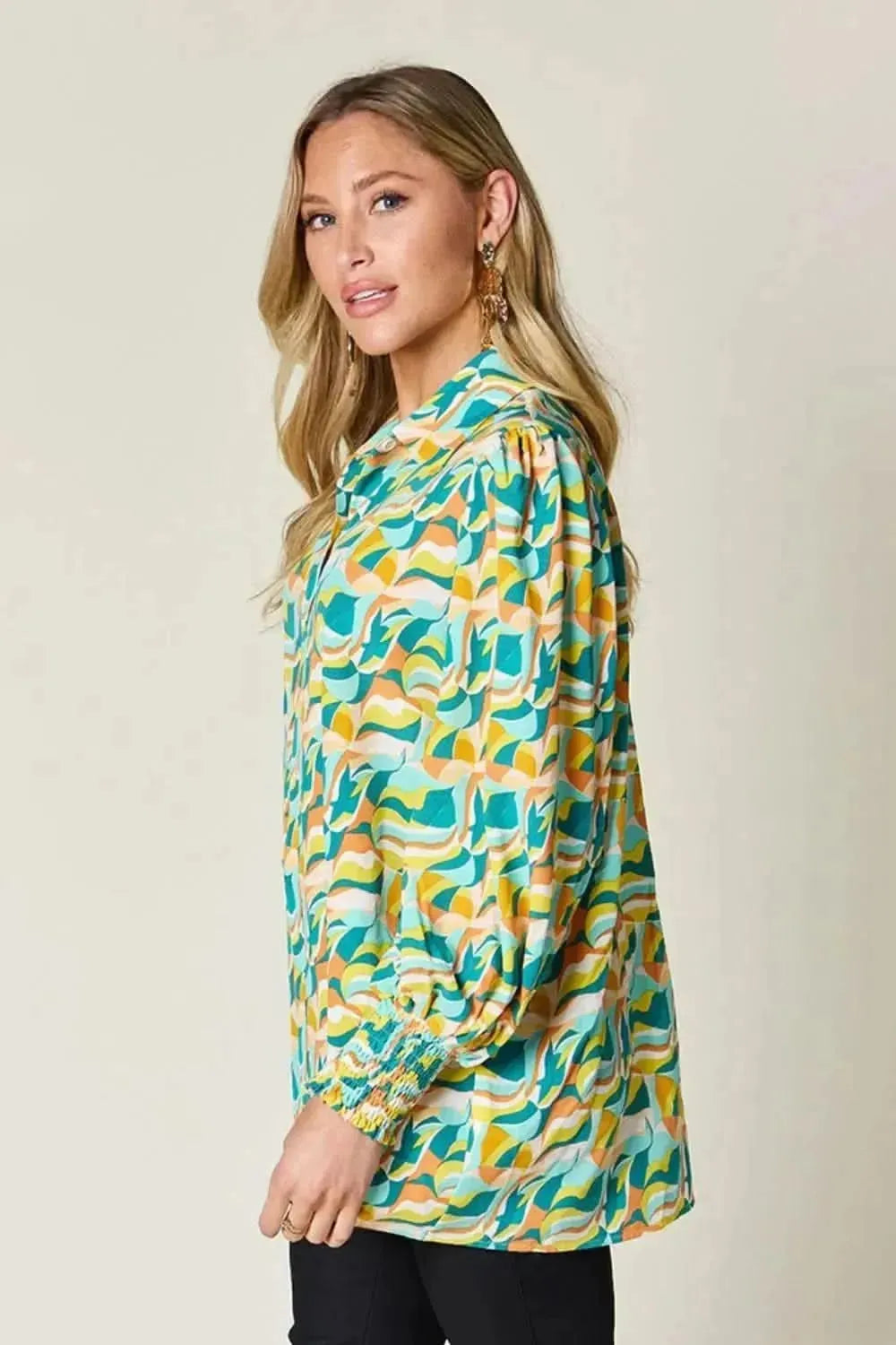 Double Take Full Size Printed Smocked Long Sleeve Blouse - Bad Moms Club