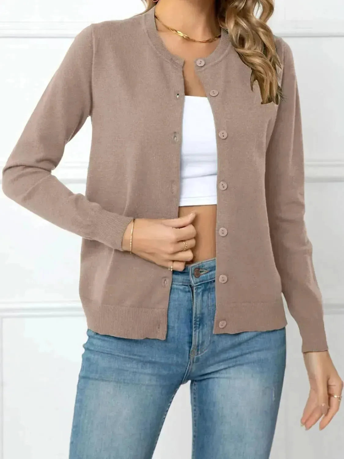 Button Down Round Neck Cardigan - Bad Moms Club