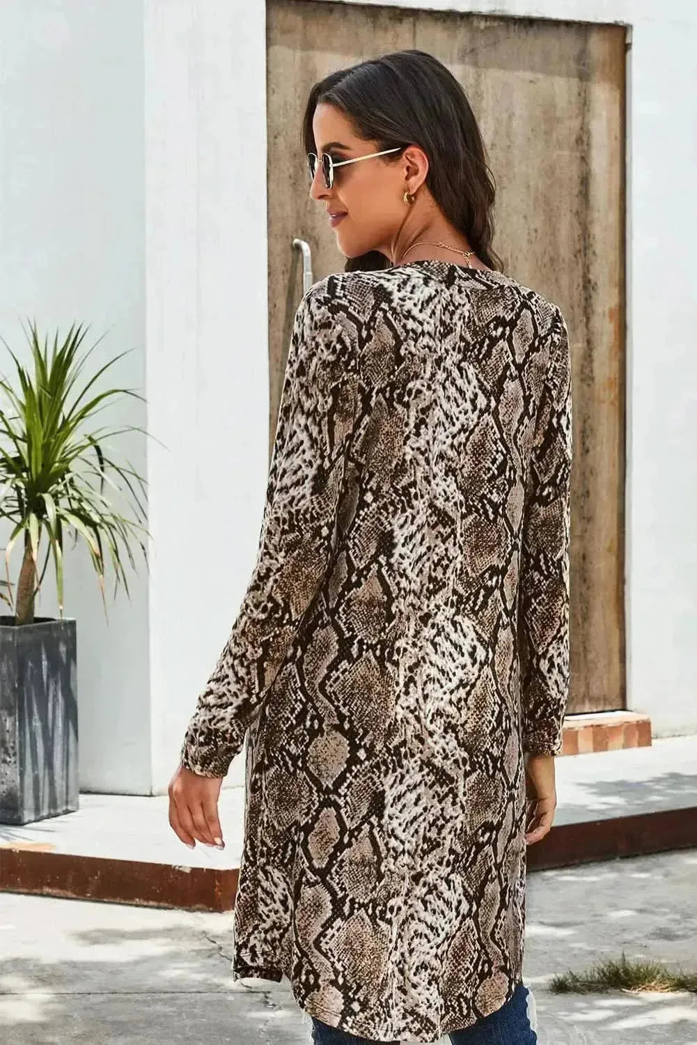 Double Take Printed Open Front Longline Cardigan - Bad Moms Club