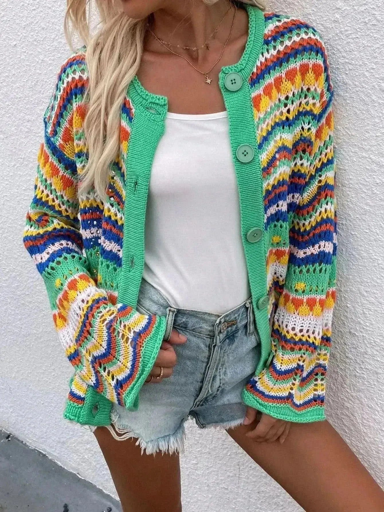 Chevron Stripes Openwork Cardigan - Bad Moms Club