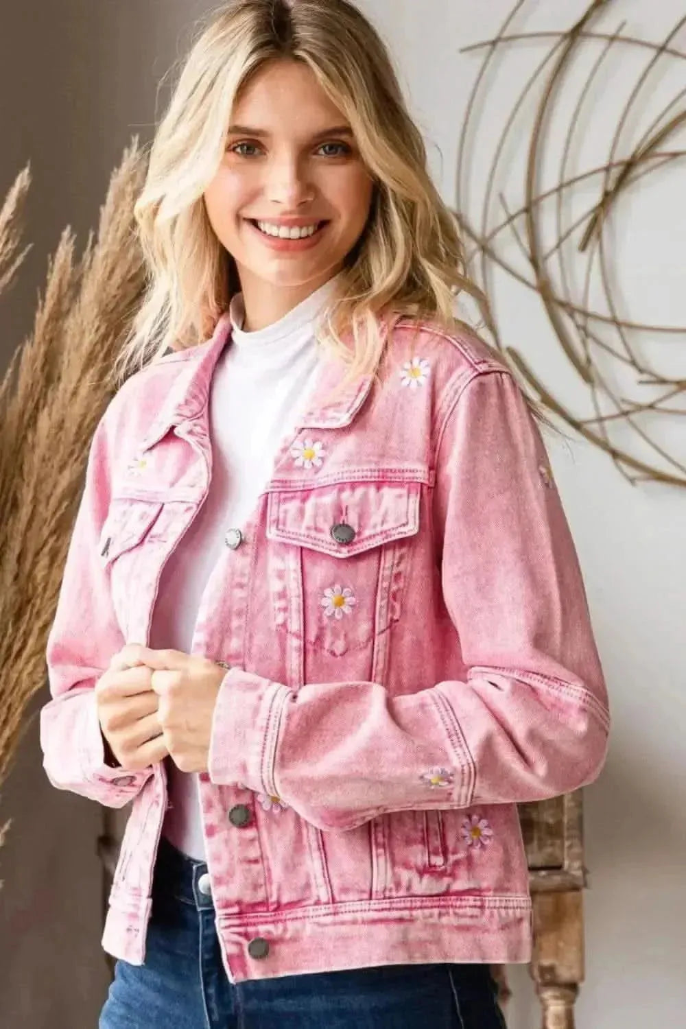 Veveret Daisy Print Button Up Denim Jacket - Bad Moms Club