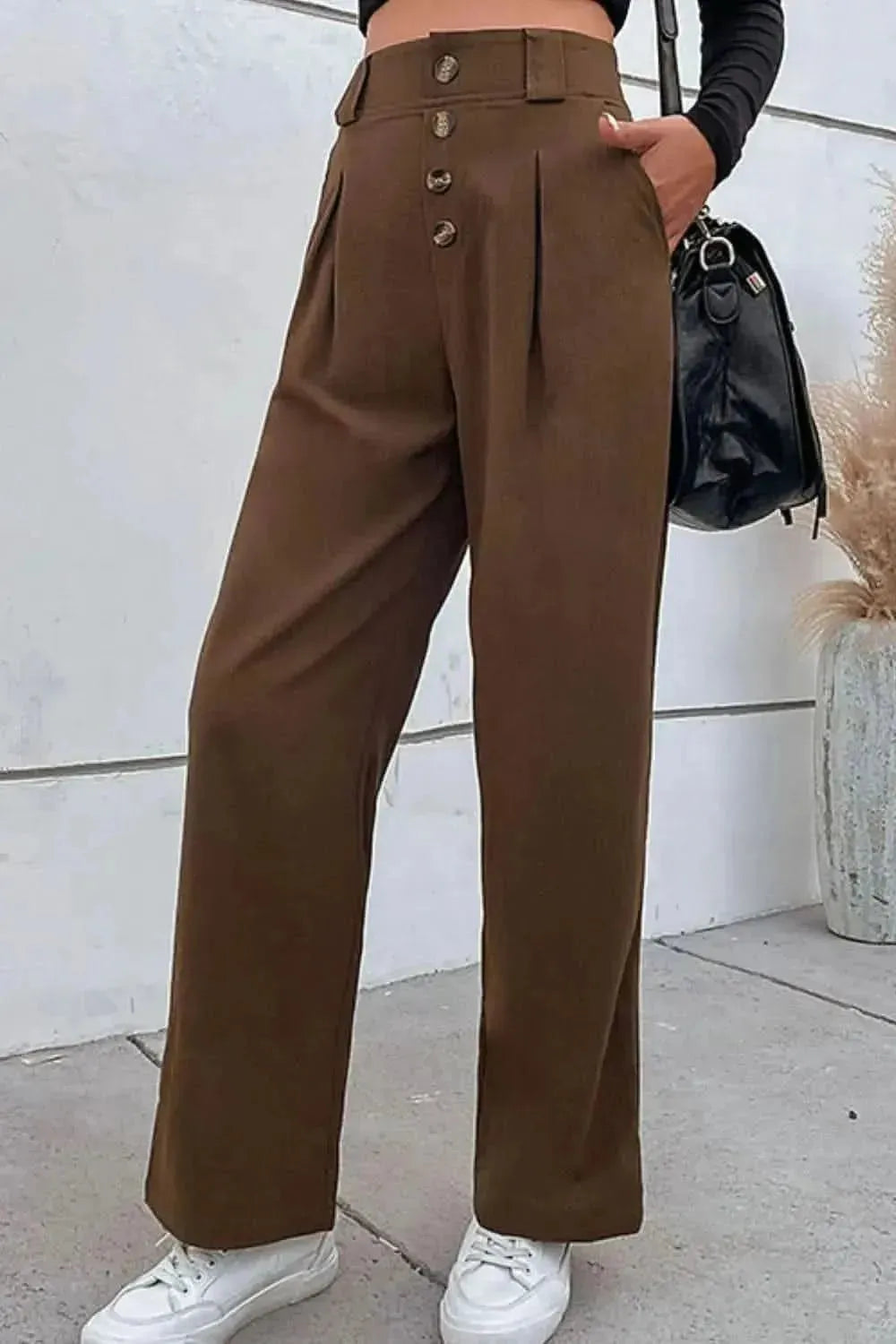 Perfee Button-Fly Pleated Waist Wide Leg Pants with Pockets - Bad Moms Club