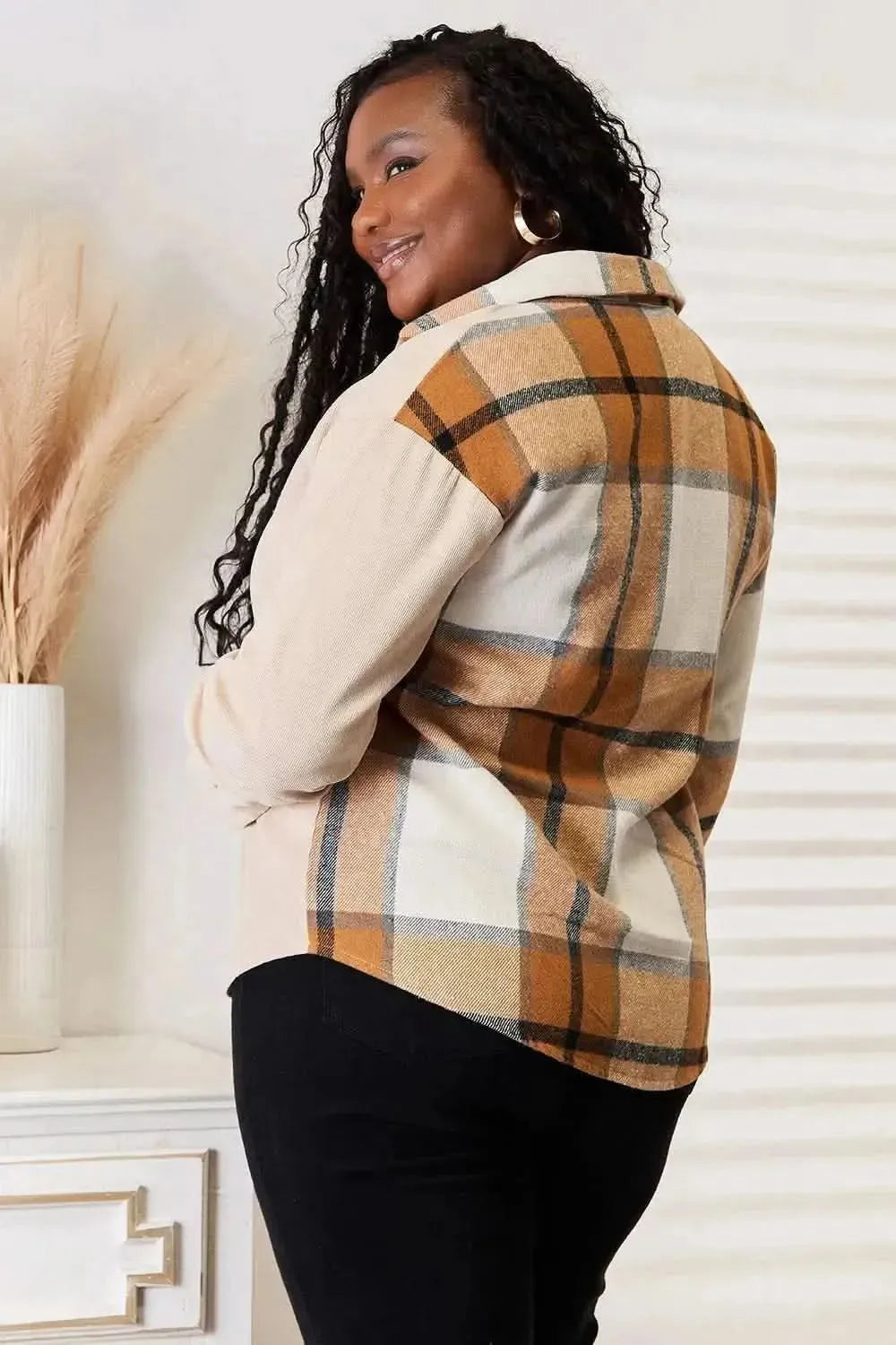 Perfee Plaid Print Dropped Shoulder Shirt - Bad Moms Club