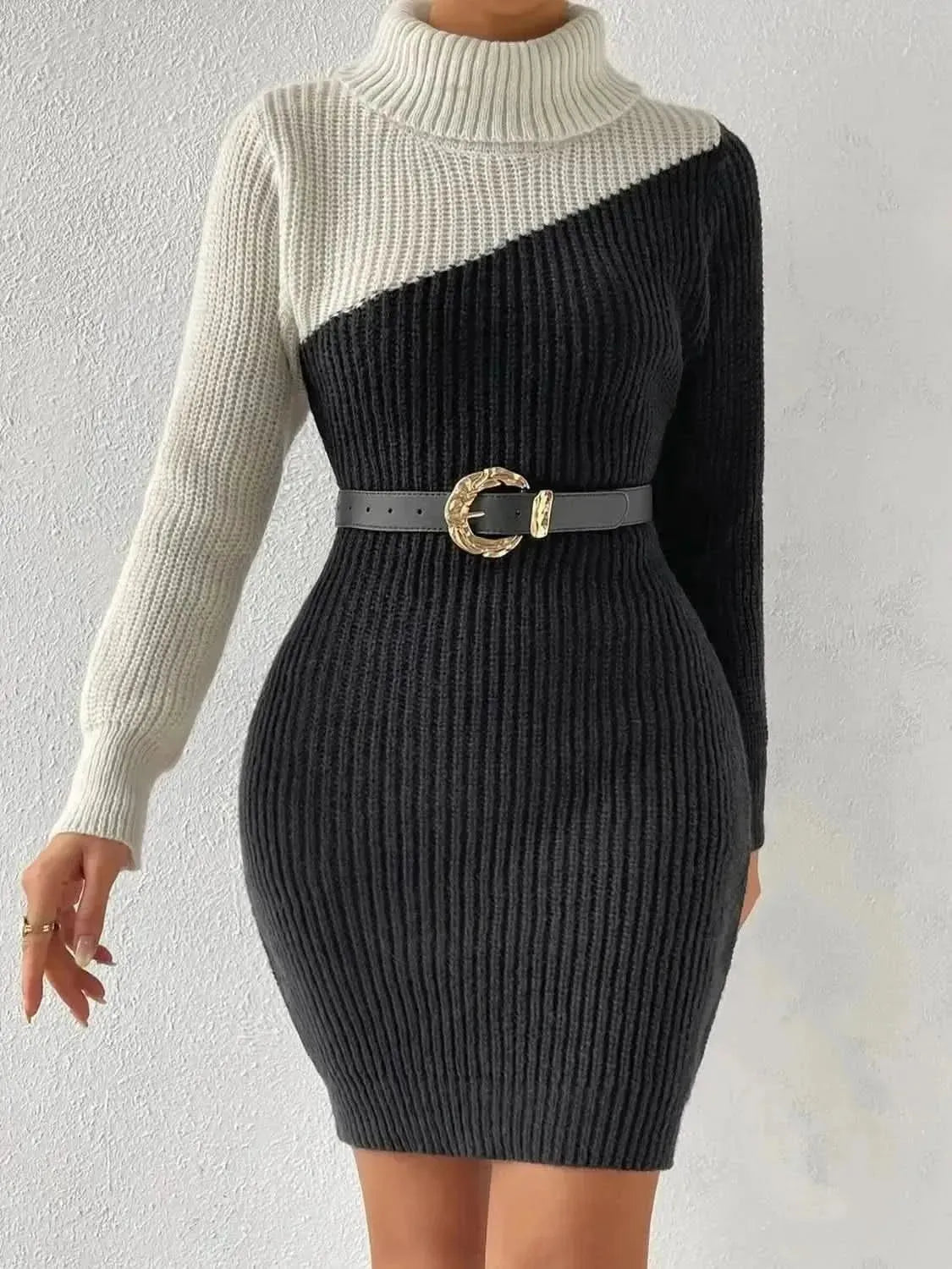 Contrast Turtleneck Sweater Dress - Bad Moms Club