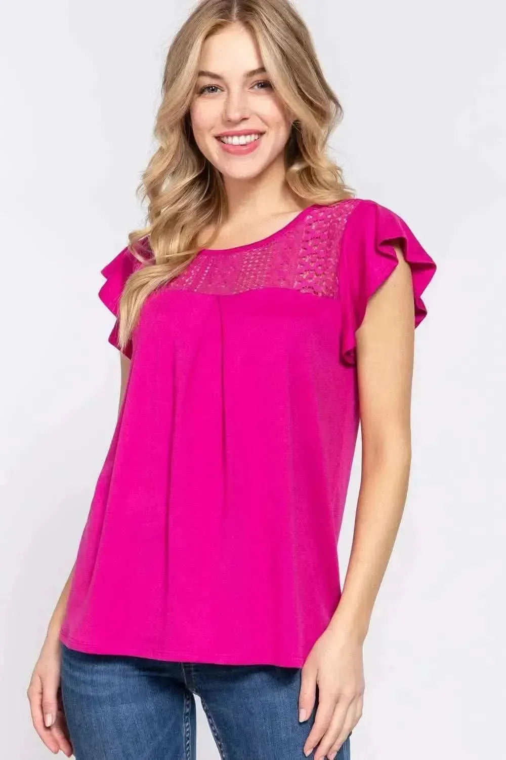 ACTIVE BASIC Ruffle Short Sleeve Lace Detail Knit Top - Bad Moms Club