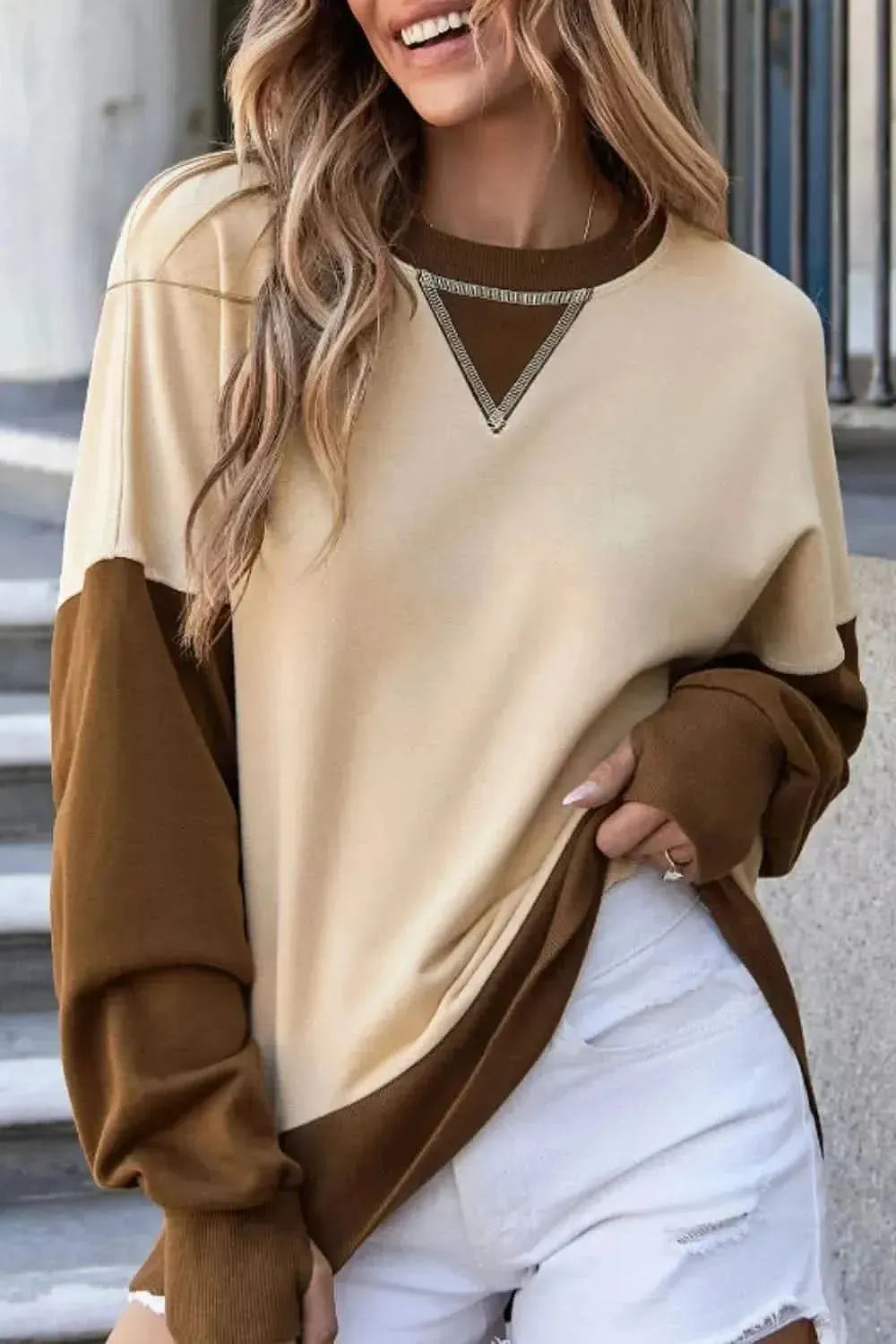 Color Block Round Neck Long Sleeve Sweatshirt - Bad Moms Club