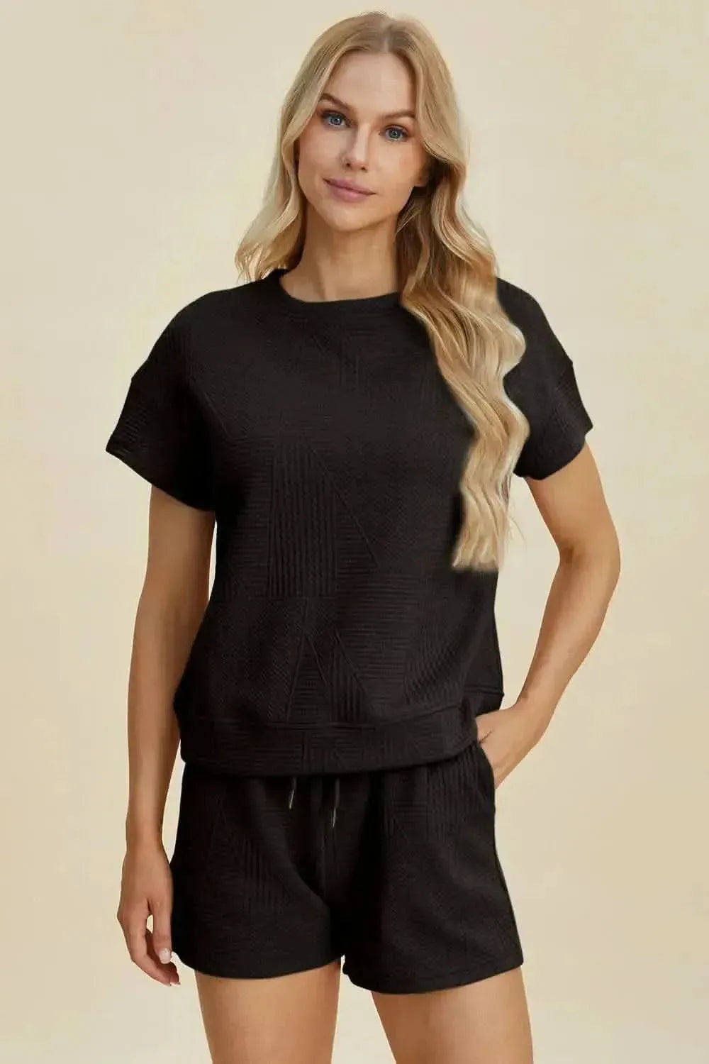 Double Take Full Size Texture Short Sleeve Top and Shorts Set - Bad Moms Club