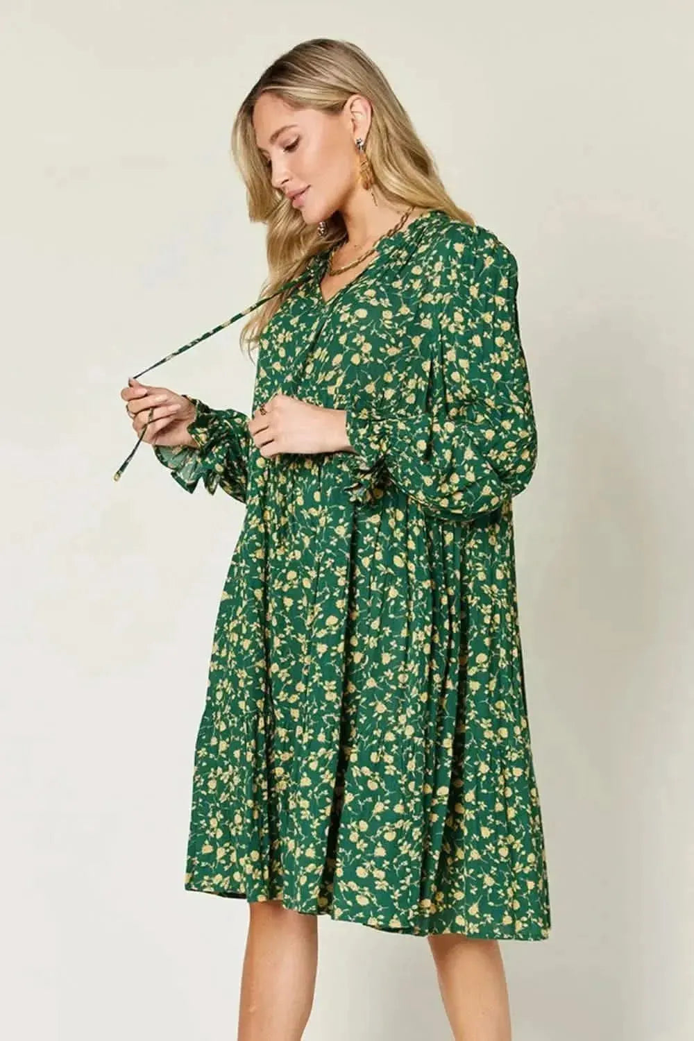 Double Take Full Size Printed Ruffle Hem Long Sleeve Tiered Dress - Bad Moms Club