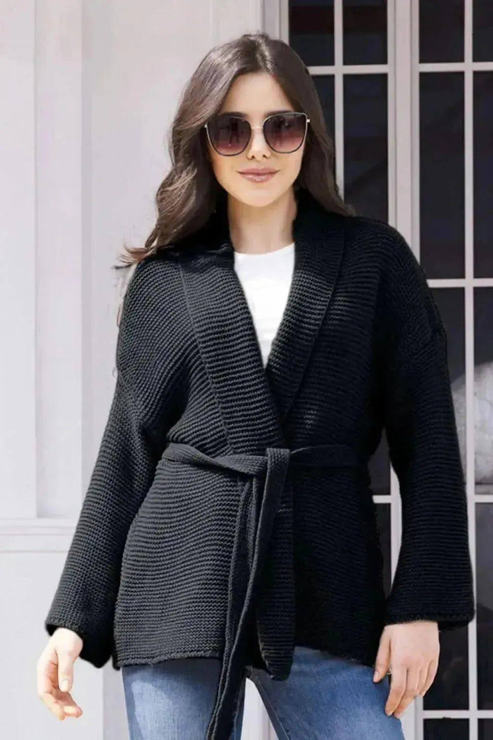 Tied Open Front Long Sleeve Cardigan - Bad Moms Club