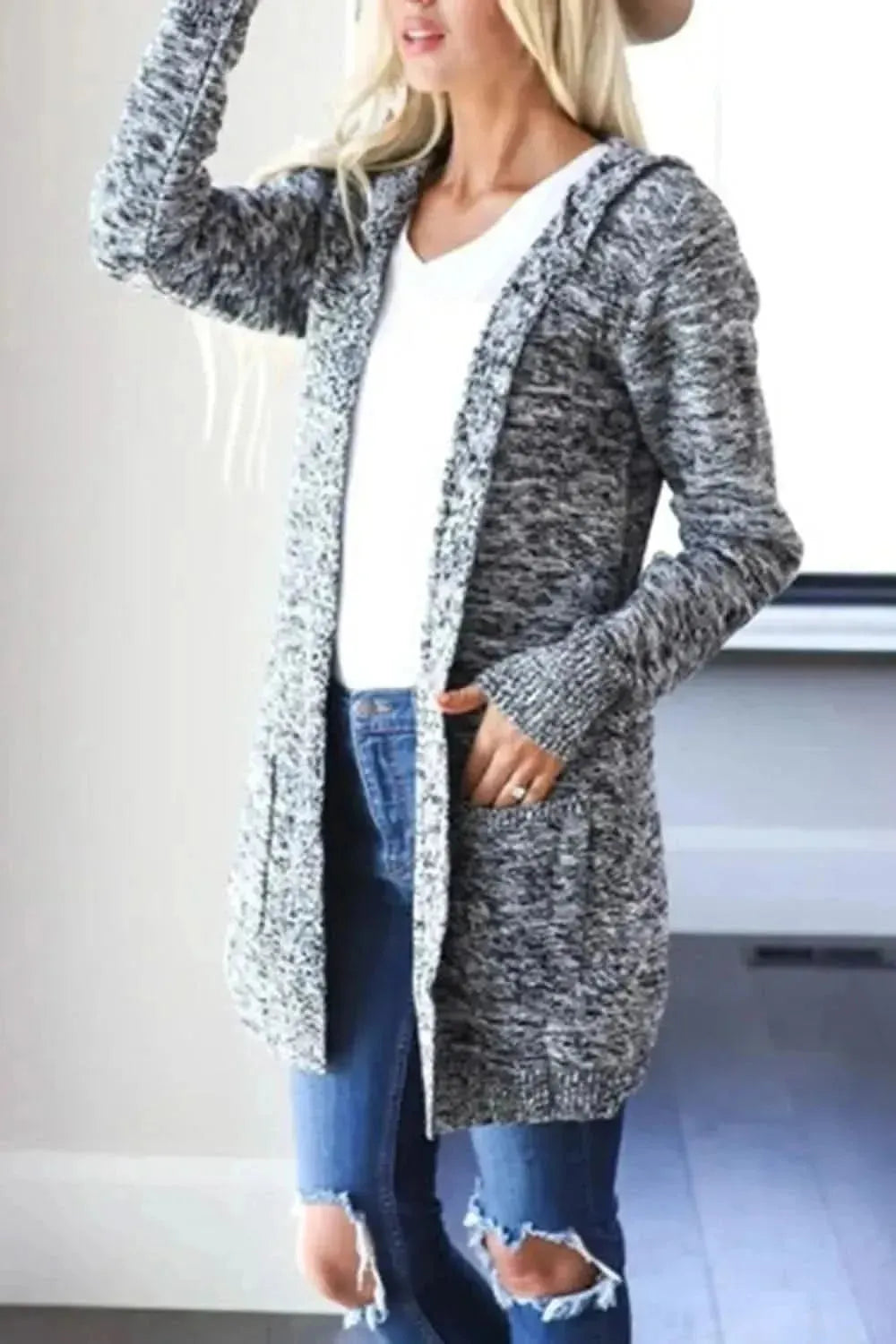 Heathered Open Front Cardigan with Pockets - Bad Moms Club