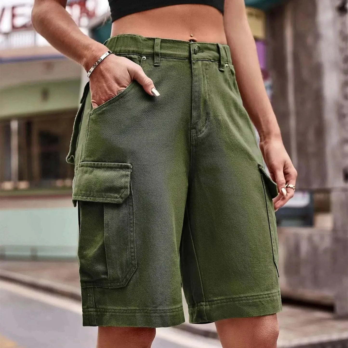 Denim Cargo Shorts with Pockets - Bad Moms Club