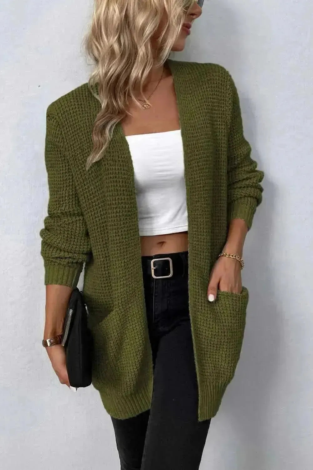 Rib-Knit Open Front Pocketed Cardigan - Bad Moms Club