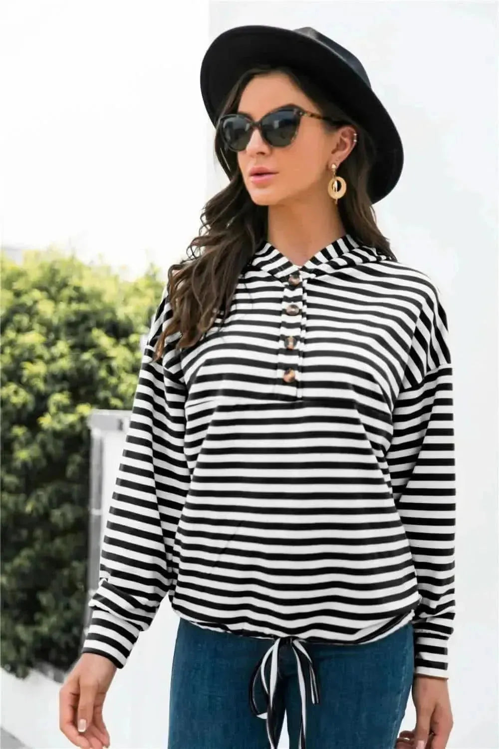 Striped Half-Button Dropped Shoulder Hoodie - Bad Moms Club