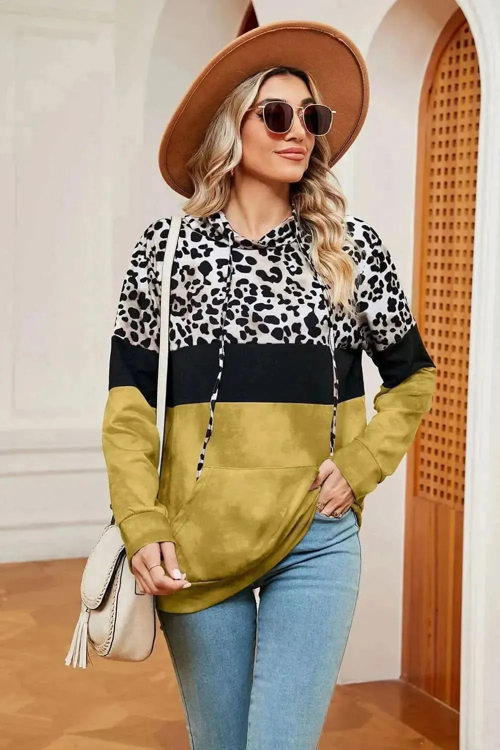 Leopard Drawstring Hoodie with Pocket - Bad Moms Club